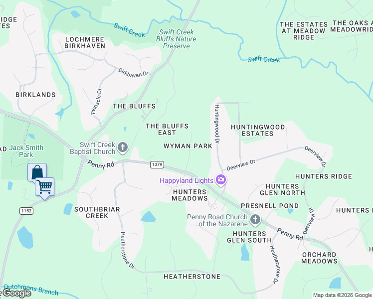 map of restaurants, bars, coffee shops, grocery stores, and more near 2516 Hunters Meadow Lane in Raleigh
