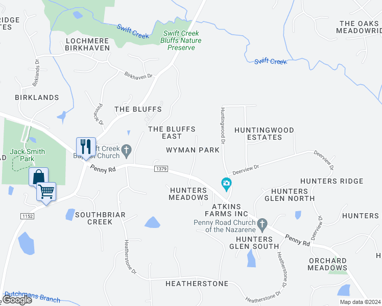 map of restaurants, bars, coffee shops, grocery stores, and more near 2516 Hunters Meadow Lane in Raleigh