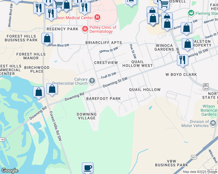 map of restaurants, bars, coffee shops, grocery stores, and more near 2514 Downing Street Southwest in Wilson