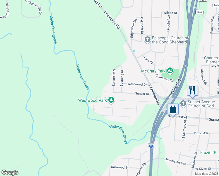 map of restaurants, bars, coffee shops, grocery stores, and more near 303 Sunset Drive in Asheboro