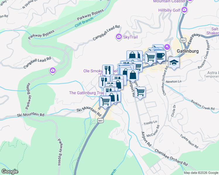 map of restaurants, bars, coffee shops, grocery stores, and more near 619 Oak Street in Gatlinburg