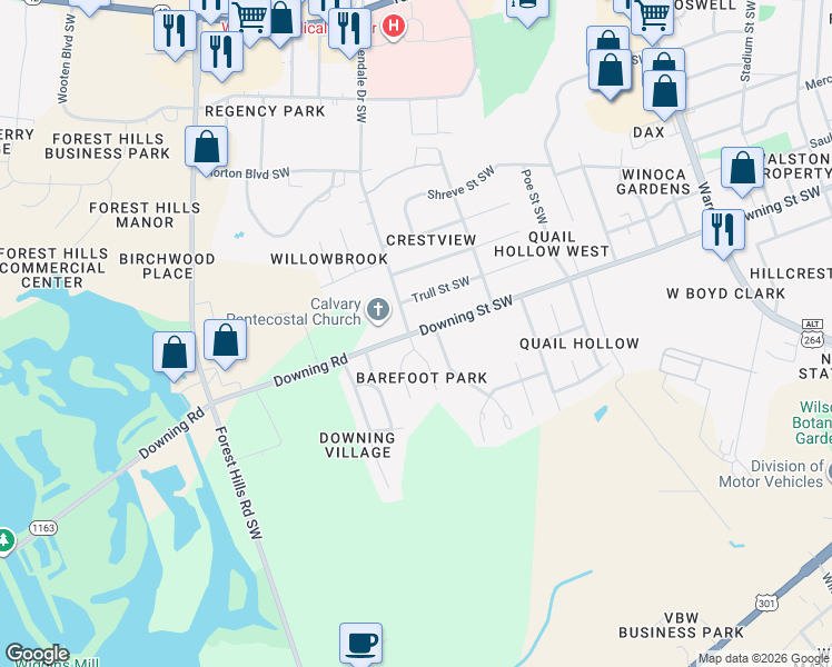 map of restaurants, bars, coffee shops, grocery stores, and more near 2517 North Carolina 1163 in Wilson