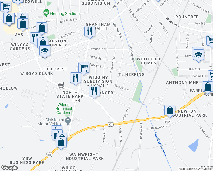 map of restaurants, bars, coffee shops, grocery stores, and more near 1204 Crawford Street South in Wilson
