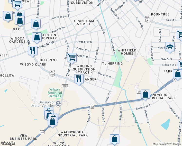 map of restaurants, bars, coffee shops, grocery stores, and more near 1204 Crawford Street South in Wilson