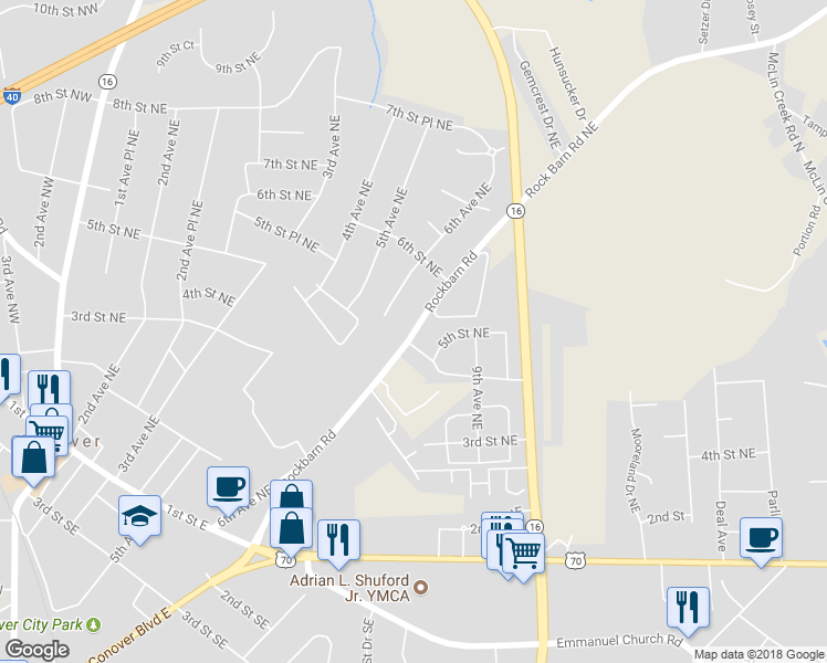 map of restaurants, bars, coffee shops, grocery stores, and more near 455 Rock Barn Road Northeast in Conover