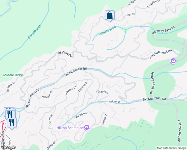 map of restaurants, bars, coffee shops, grocery stores, and more near 947 Ski Mountain Road in Gatlinburg