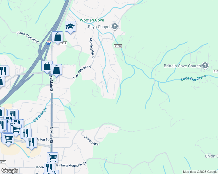 map of restaurants, bars, coffee shops, grocery stores, and more near 79 Deep Woods Road in Weaverville