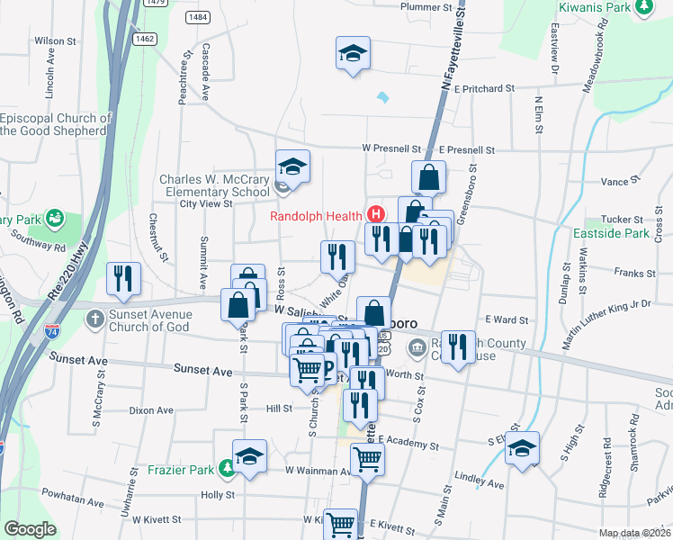 map of restaurants, bars, coffee shops, grocery stores, and more near 223 West Ward Street in Asheboro