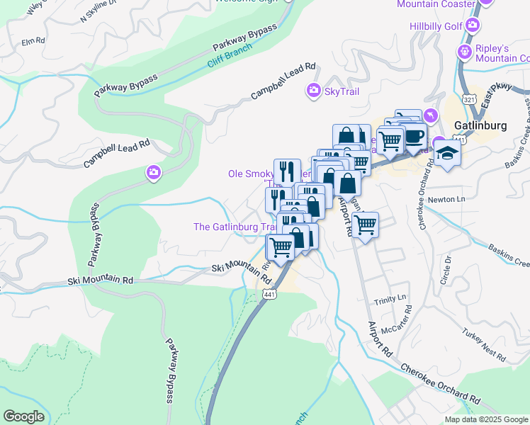 map of restaurants, bars, coffee shops, grocery stores, and more near 320 Cottage Drive in Gatlinburg