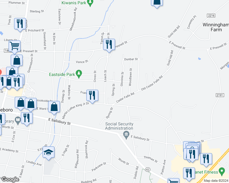 map of restaurants, bars, coffee shops, grocery stores, and more near 436 Spring Street in Asheboro