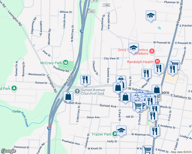 map of restaurants, bars, coffee shops, grocery stores, and more near 301 Peachtree Street in Asheboro