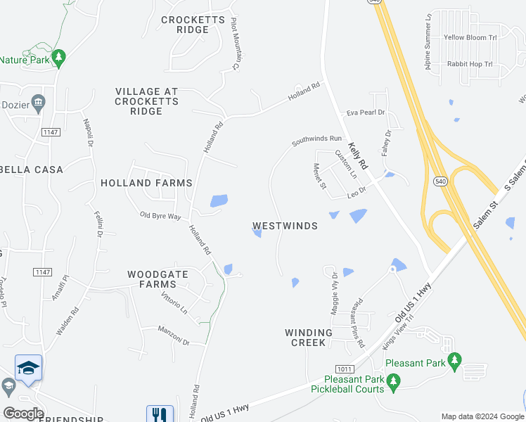 map of restaurants, bars, coffee shops, grocery stores, and more near 2616 Southwinds Run in Apex