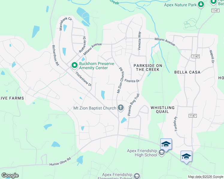 map of restaurants, bars, coffee shops, grocery stores, and more near 2512 Mount Zion Church Road in Apex