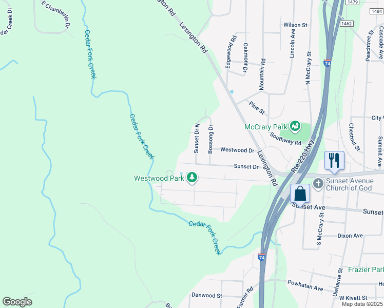 map of restaurants, bars, coffee shops, grocery stores, and more near 217 Sunset Drive North in Asheboro
