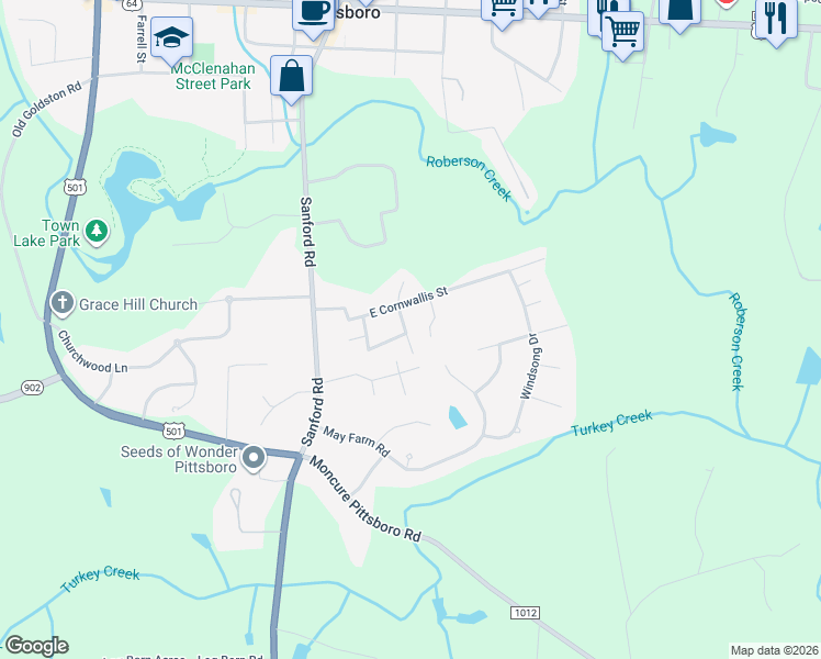 map of restaurants, bars, coffee shops, grocery stores, and more near 55 Anthony Street in Pittsboro