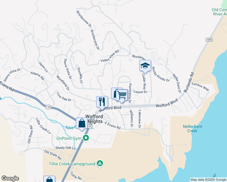 map of restaurants, bars, coffee shops, grocery stores, and more near 2 Panorama Drive in Wofford Heights