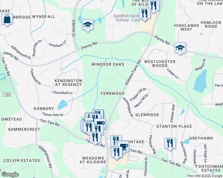 map of restaurants, bars, coffee shops, grocery stores, and more near 204 Fern Ridge Drive in Cary