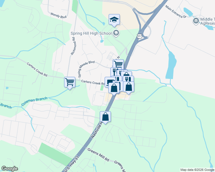 map of restaurants, bars, coffee shops, grocery stores, and more near 2635 Old Highway 31 North in Columbia