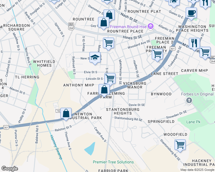 map of restaurants, bars, coffee shops, grocery stores, and more near 804 Lincoln Street Southeast in Wilson