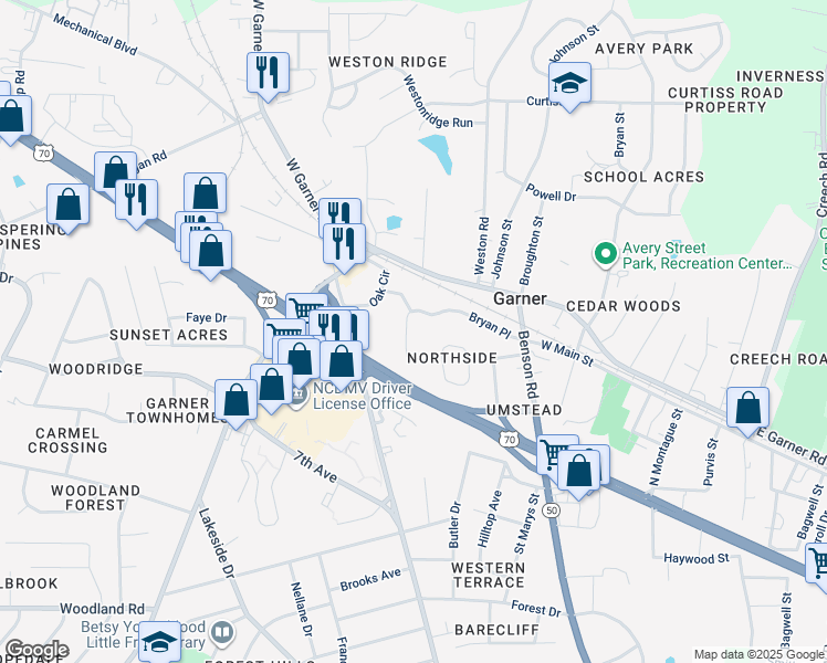 map of restaurants, bars, coffee shops, grocery stores, and more near 915 Bryan Place in Garner