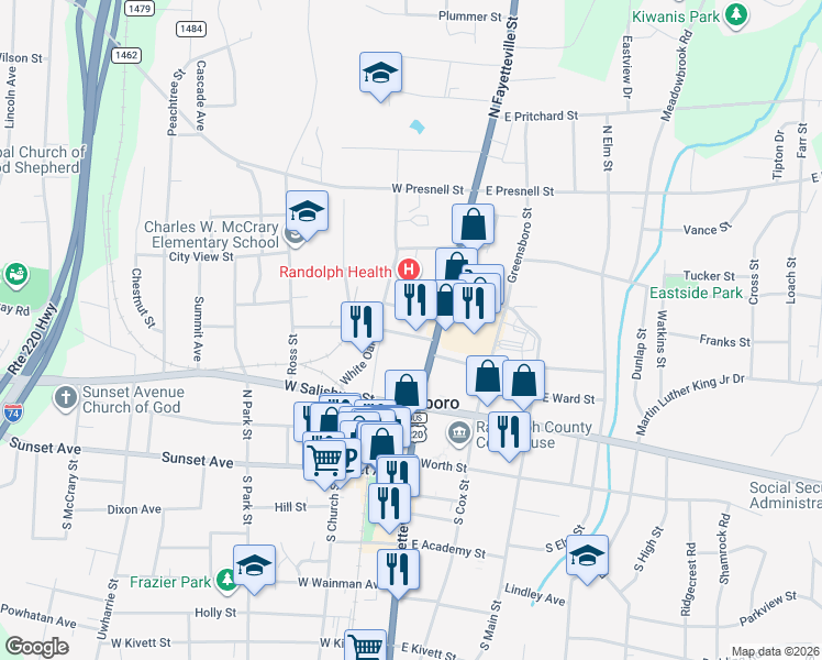 map of restaurants, bars, coffee shops, grocery stores, and more near 127 MacArthur Street in Asheboro