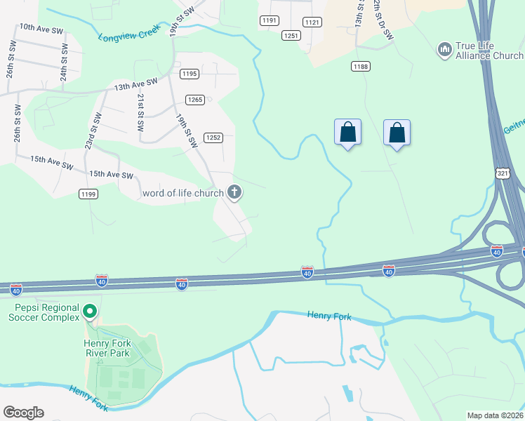 map of restaurants, bars, coffee shops, grocery stores, and more near 1635 19th Street Southwest in Hickory