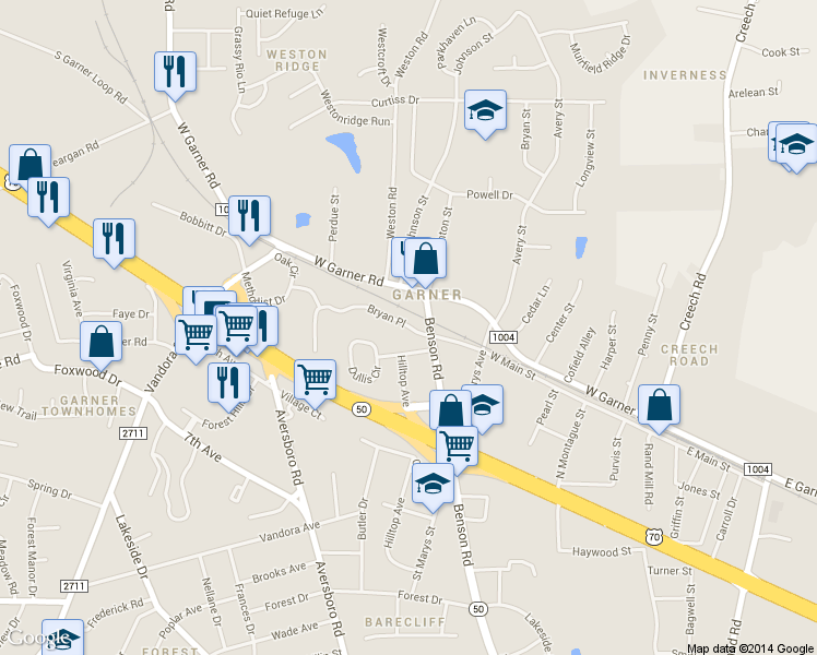 map of restaurants, bars, coffee shops, grocery stores, and more near 905A Bryan Place in Garner