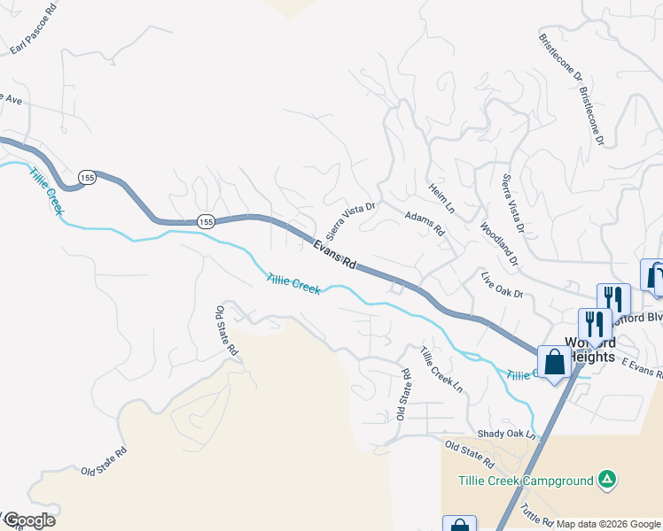 map of restaurants, bars, coffee shops, grocery stores, and more near 829 Evans Road in Wofford Heights