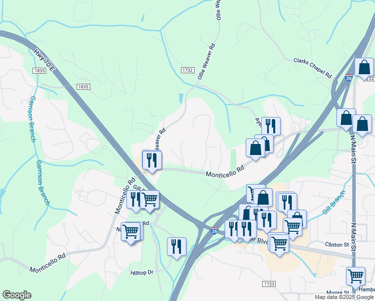 map of restaurants, bars, coffee shops, grocery stores, and more near 23 Hermitage Lane in Weaverville