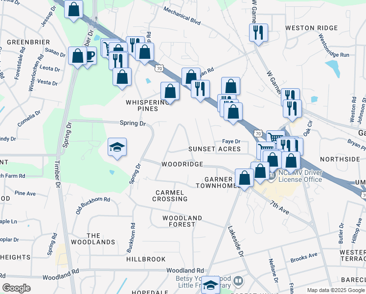 map of restaurants, bars, coffee shops, grocery stores, and more near 502 Royal Oak Drive in Garner