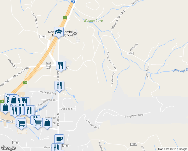 map of restaurants, bars, coffee shops, grocery stores, and more near 3 Leisure Ln in Weaverville