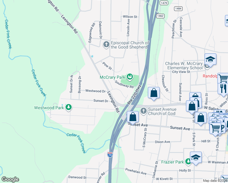 map of restaurants, bars, coffee shops, grocery stores, and more near 1165 Lexington Commons Drive in Asheboro