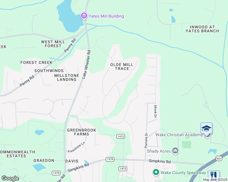 map of restaurants, bars, coffee shops, grocery stores, and more near 2608 Flume Gate Drive in Raleigh