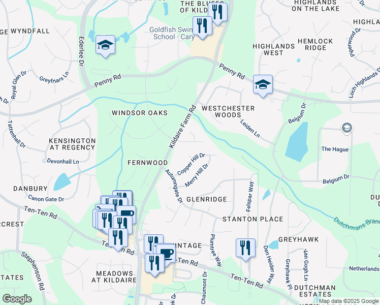 map of restaurants, bars, coffee shops, grocery stores, and more near 102 Powder Mill Court in Cary