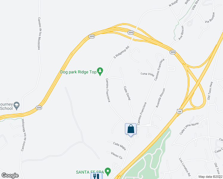 map of restaurants, bars, coffee shops, grocery stores, and more near 875 Camino Francisca in Santa Fe