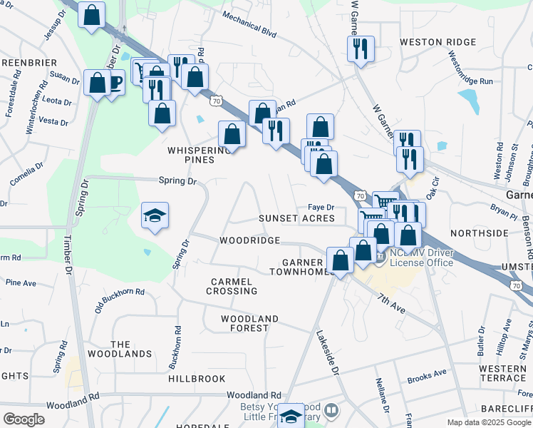 map of restaurants, bars, coffee shops, grocery stores, and more near 1700 Foxwood Drive in Garner