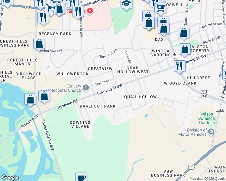 map of restaurants, bars, coffee shops, grocery stores, and more near 2507-2517 North Carolina 1163 in Wilson