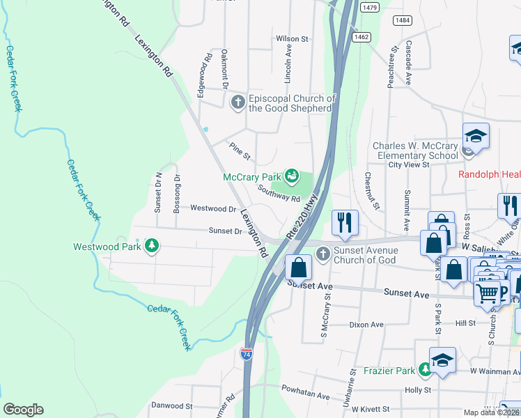 map of restaurants, bars, coffee shops, grocery stores, and more near 1165 Lexington Commons Drive in Asheboro