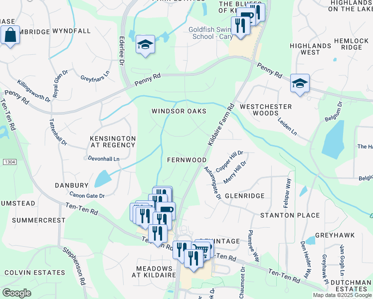 map of restaurants, bars, coffee shops, grocery stores, and more near 204 Fern Ridge Drive in Cary