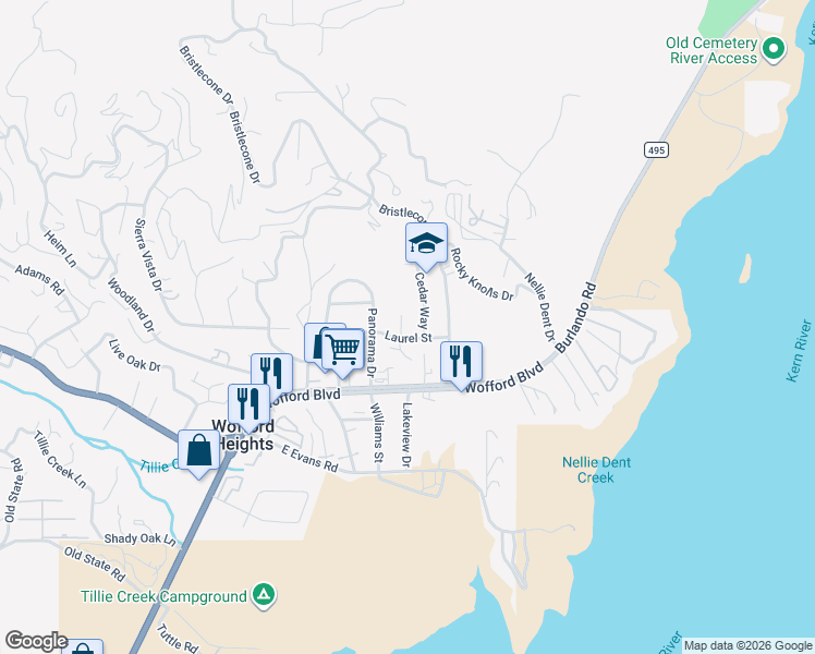 map of restaurants, bars, coffee shops, grocery stores, and more near 108 Cypress Way in Wofford Heights