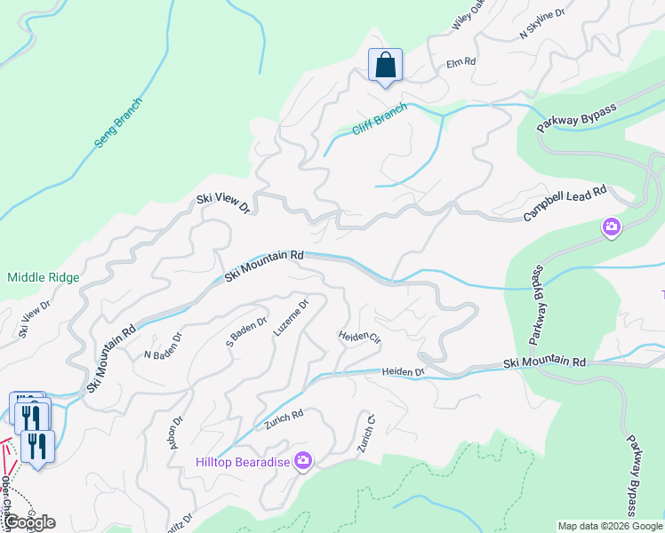 map of restaurants, bars, coffee shops, grocery stores, and more near 947 Ski Mountain Road in Gatlinburg