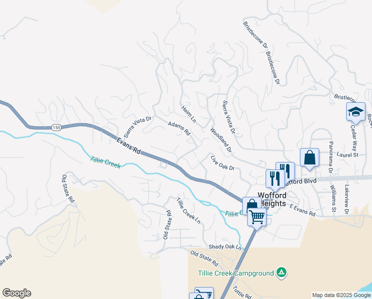 map of restaurants, bars, coffee shops, grocery stores, and more near 91 Adams Road in Wofford Heights