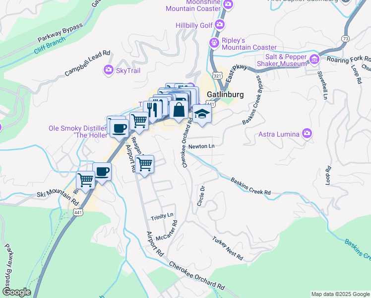 map of restaurants, bars, coffee shops, grocery stores, and more near 305 Baskins Creek Road in Gatlinburg