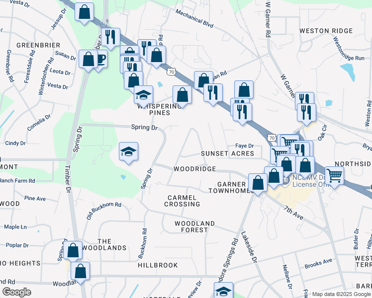 map of restaurants, bars, coffee shops, grocery stores, and more near 511 Buck Branch Drive in Garner