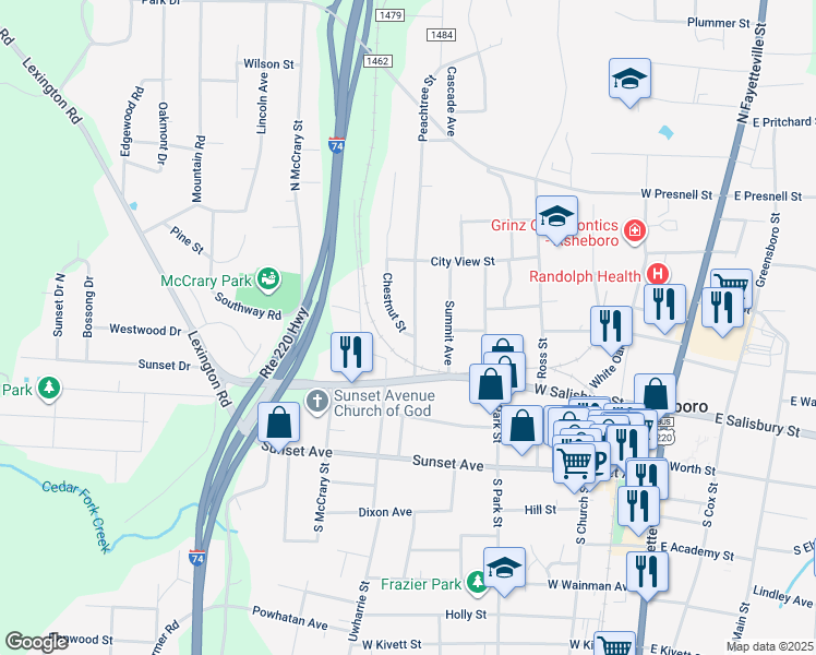 map of restaurants, bars, coffee shops, grocery stores, and more near 301 Peachtree St in Asheboro