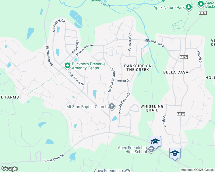map of restaurants, bars, coffee shops, grocery stores, and more near 2512 Mount Zion Church Road in Apex