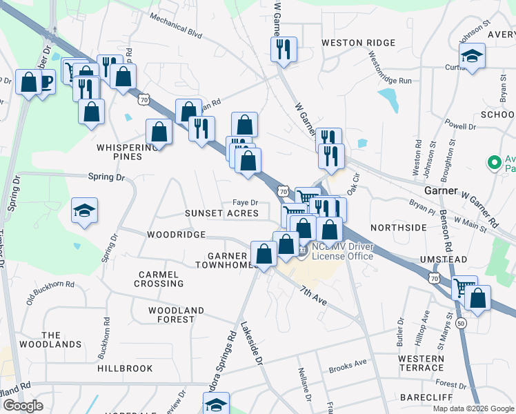 map of restaurants, bars, coffee shops, grocery stores, and more near 1407 Faye Drive in Garner