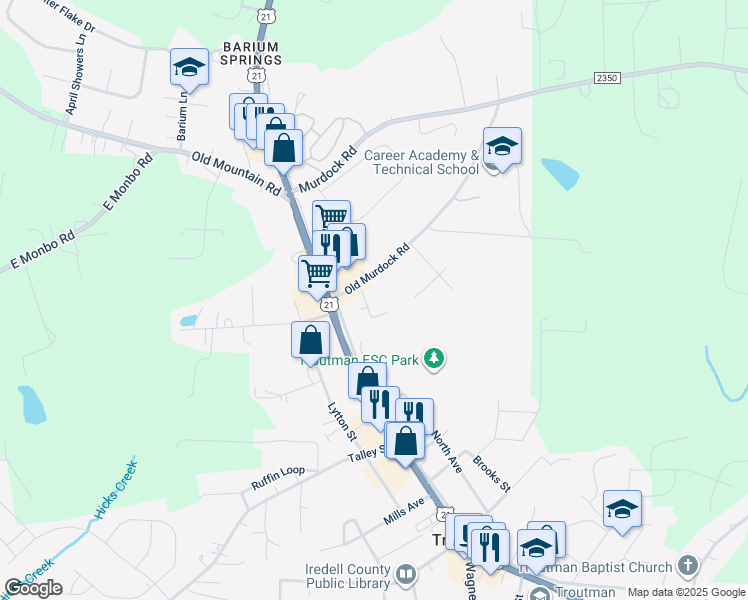 map of restaurants, bars, coffee shops, grocery stores, and more near 117 Sherrills Court in Troutman
