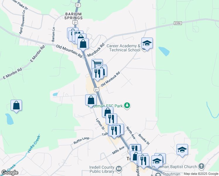 map of restaurants, bars, coffee shops, grocery stores, and more near 117 Sherrills Court in Troutman
