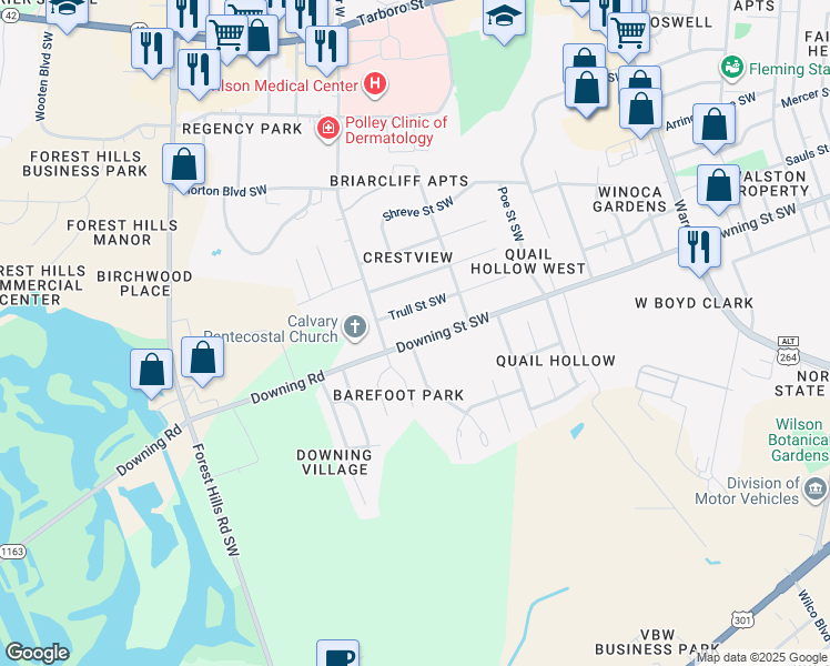 map of restaurants, bars, coffee shops, grocery stores, and more near 2514 Downing Street Southwest in Wilson